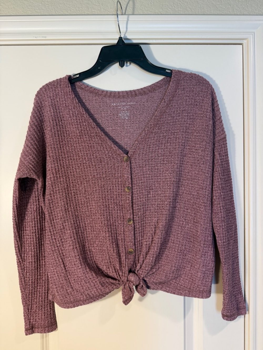 American Eagle Outfitters Mauve Waffle-Knit Button Front Tie Hem Cardigan